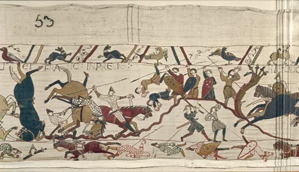 Normandos e ingleses caem lado a lado em batalha, tapeçaria de Bayeux